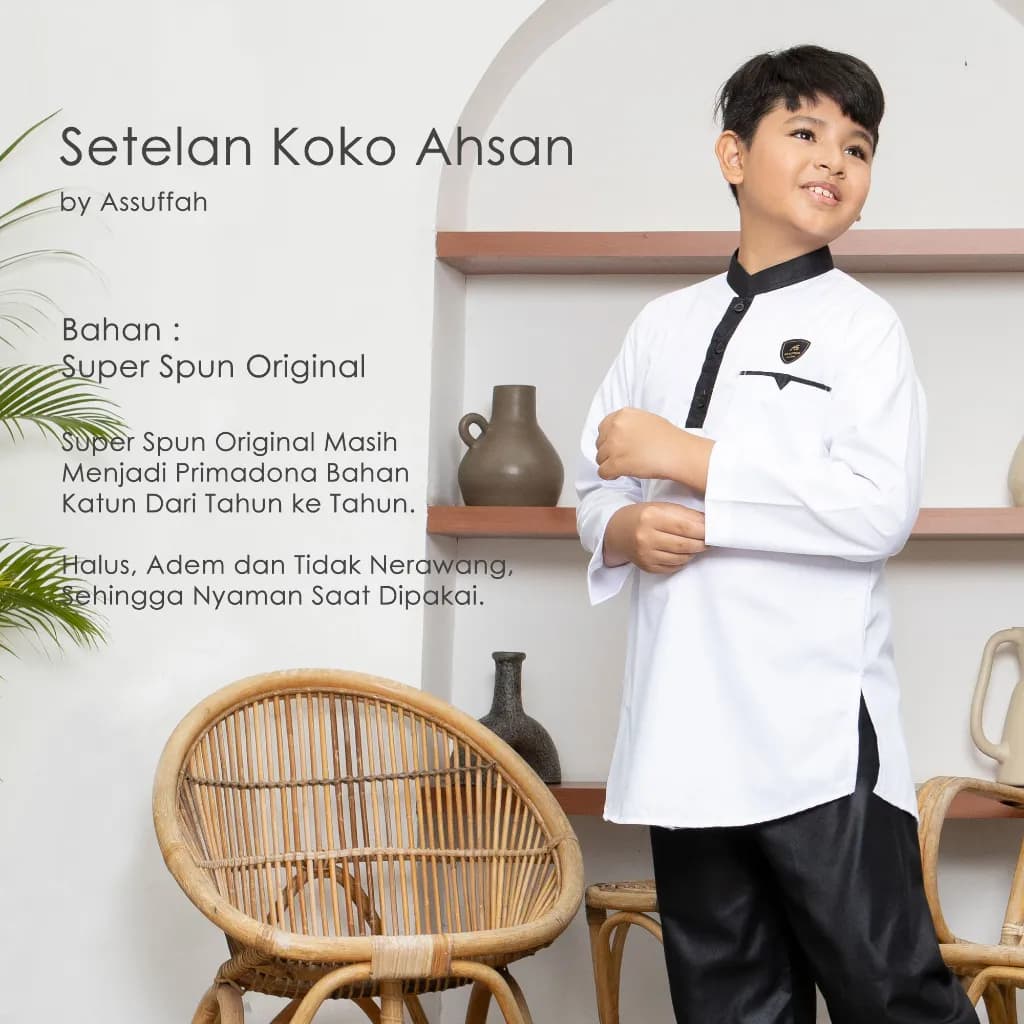 Assuffah I Setelan Koko Anak Hitam Putih 1-14 Tahun & Putih Putih Ahsan Series
