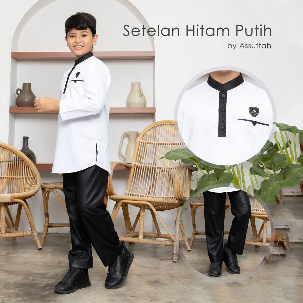 Assuffah I Setelan Koko Anak Hitam Putih 1-14 Tahun & Putih Putih Ahsan Series